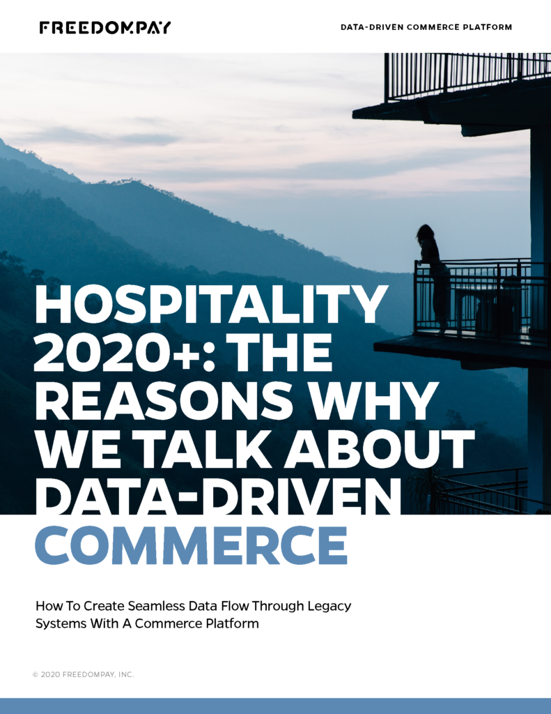Someone on their balcony overlooking mountains with white text for the title overtop "Hospitality 2020+: The Reasons Why We talk about Data-Drive Commerce" and subtitle "How to Create Seamless Data Flow Through Legacy Systems With A Commerce Platform"