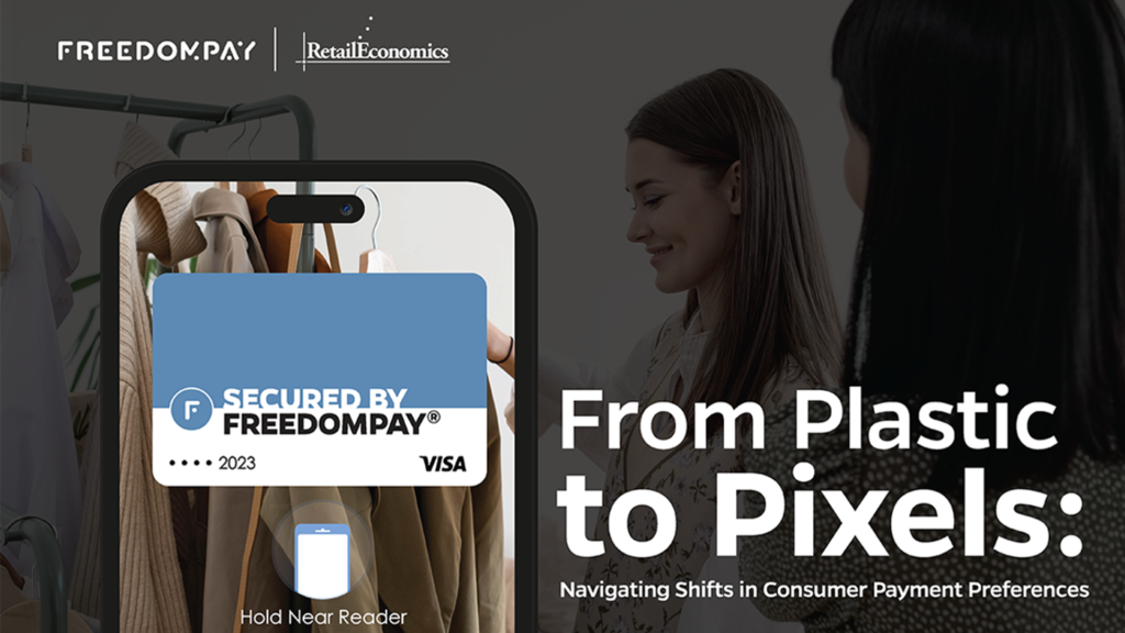 Two retail customers looking at jackets with a phone with a digital wallet that has a credit card that's secured by Freedompay with white text that says "From Plastic to Pixel: Navigating Shifts in Consumer Payment Preferences"